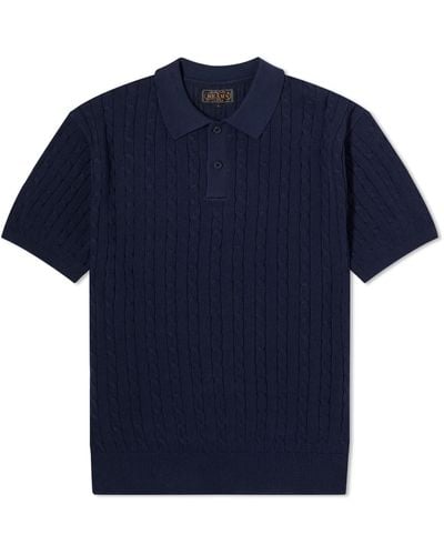Beams Plus Cable Knit Polo Shirt - Blue