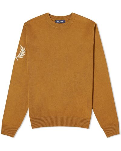 Fred Perry Intarsia Laurel Wreath Crew Neck Knit - Brown
