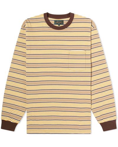 Beams Plus Long Sleeve Multi Stripe Pocket T-Shirt - Natural