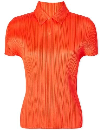 Pleats Please Issey Miyake Short Sleeve Pleats Polo Shirt Top - Orange