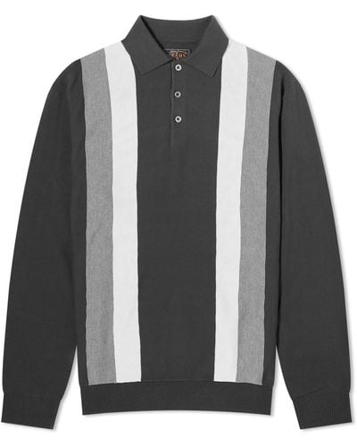 Beams Plus 12G Stripe Knit Long Sleeve Polo Shirt - Grey