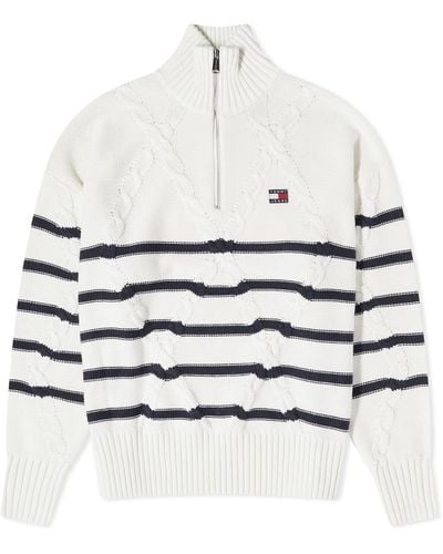 Tommy Hilfiger Quarter Zip Stripe Cable Sweater - White