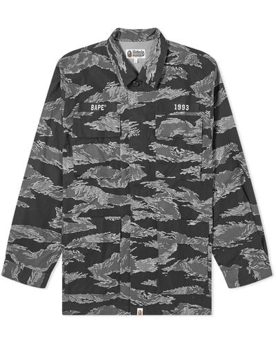 A Bathing Ape Tiger Camo Relaxed Fit Military Shirt - Grey