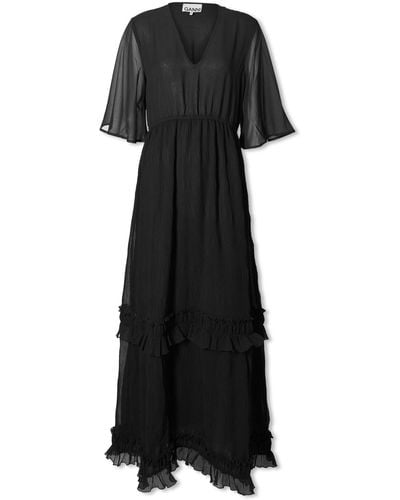 Ganni Pleated Georgette V-Neck Maxi Dress - Black
