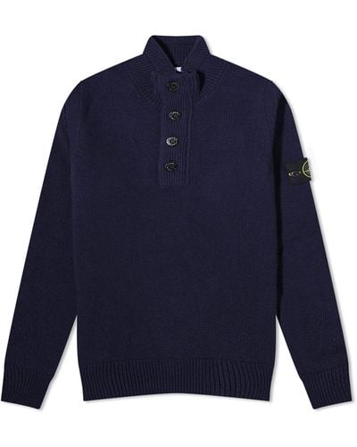 Stone Island Stand Collar Button Neck Knit - Blue