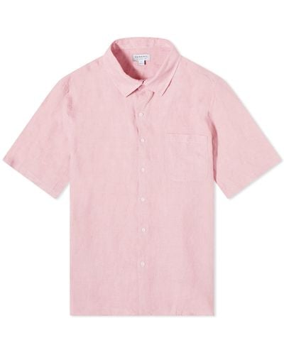 Sunspel Linen Short Sleeve Shirt - Pink