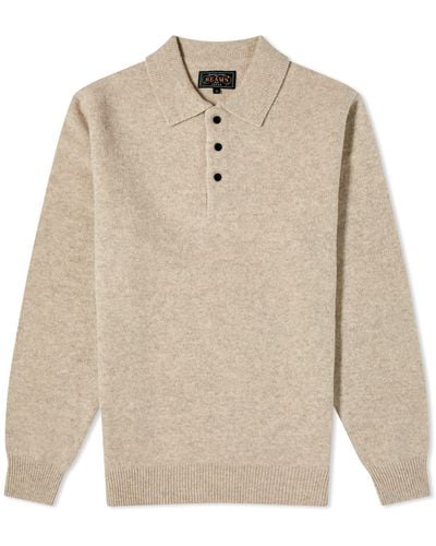 Beams Plus Long Sleeve Knit Polo Shirt - Natural