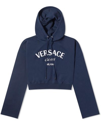 Versace Cropped Hoodie With Front Logo - Blue