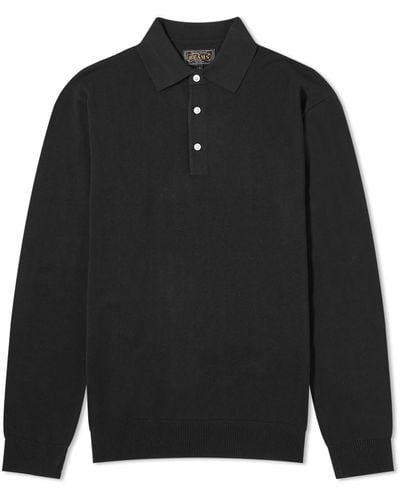 Beams Plus 12G Knit Long Sleeve Polo Shirt - Black