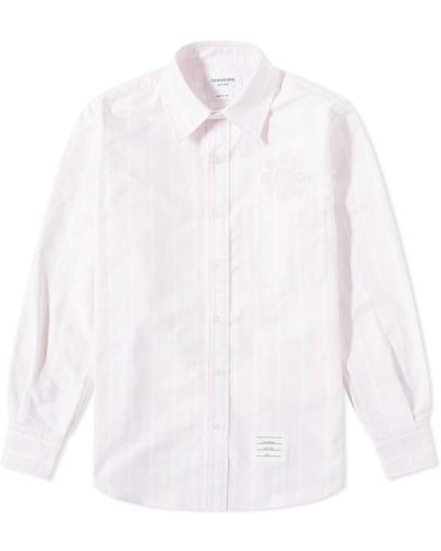 Thom Browne Floral Applique Striped Button Down Oxford Shirt - Pink