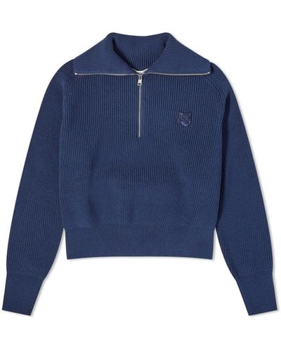 Maison Kitsuné Bold Fox Head Patch Half Zip Sweater - Blue