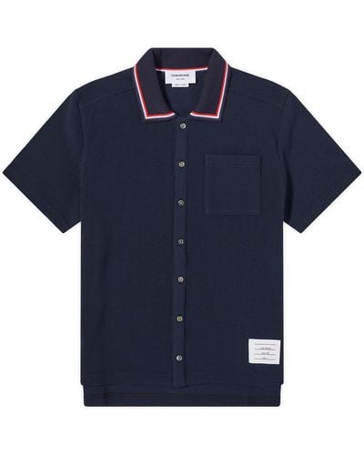 Thom Browne Short Sleeve Button Down Textured Shirt - Blue