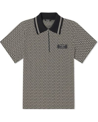 Balmain Monogram Jacquard Polo Shirt - Gray