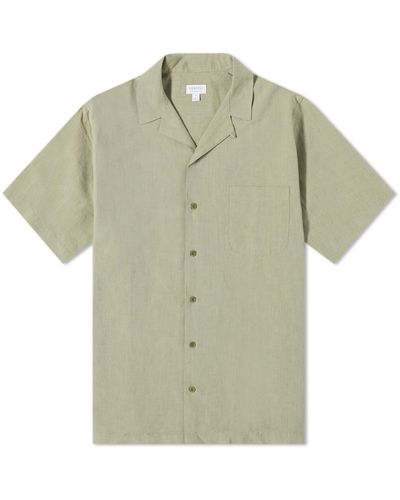 Sunspel Cotton Linen Short Sleeve Shirt - Green