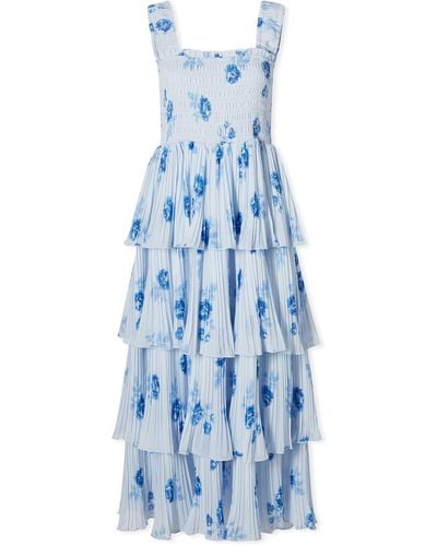 Ganni Pleated Georgette Smock Midi Strap Dress - Blue