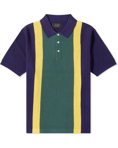 Beams Plus Stripe Knitted Polo Shirt - Blue