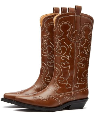 Ganni Embroidered Western Boot - Brown