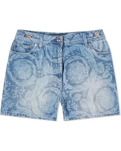 Versace Baroque Print Denim Shorts - Blue