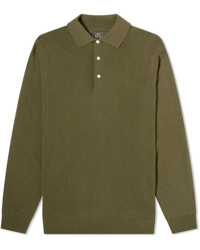 Beams Plus 12G Knit Long Sleeve Polo Shirt - Green
