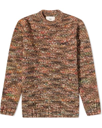 Folk Mixed Yarn Rib Crew Knit - Brown