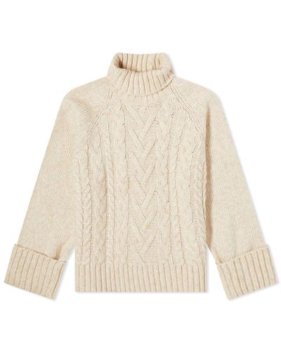 Ganni Chunky Cable Oversized Highneck Pullover Sweater - Natural