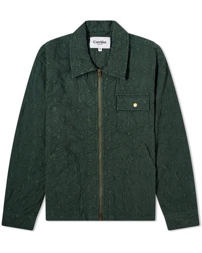 Corridor NYC Floral Embroidered Zip Shirt Jacket - Green