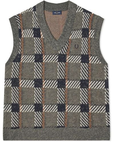 Fred Perry Glitch Tartan Knitted Vest - Grey