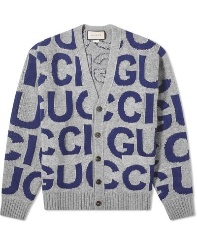 Gucci Intarsia Logo Knit Cardigan - Blue
