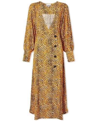 Ganni Printed Leopard Midaxi Dress - Yellow