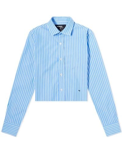 HOMMEGIRLS Striped Cropped Button Up Shirt - Blue