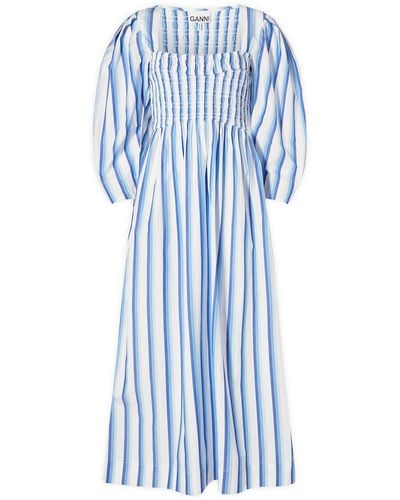 Ganni Stripe Cotton Open-Neck Smock Long Dress - Blue