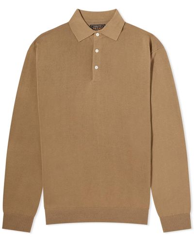 Beams Plus 12G Knit Long Sleeve Polo Shirt - Brown