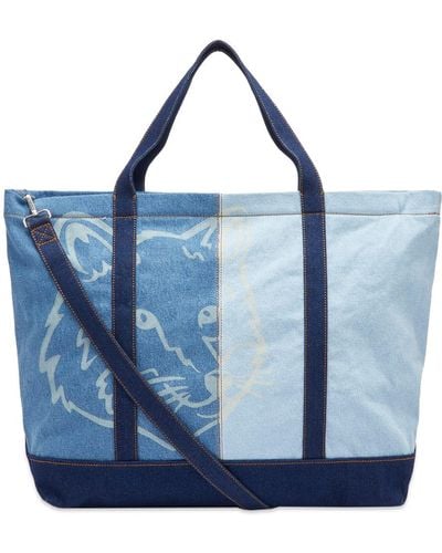 Maison Kitsuné Fox Head Denim Weekender Tote Bag - Blue