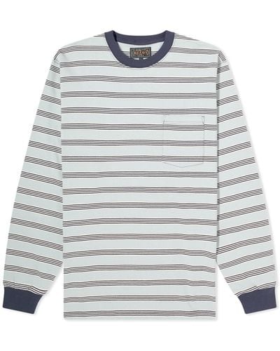 Beams Plus Long Sleeve Multi Stripe Pocket T-Shirt - Grey