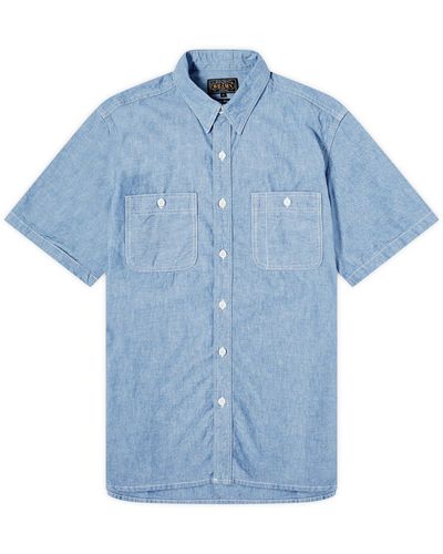 Beams Plus Short Sleeve Chambray Work Shirt - Blue