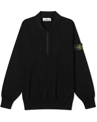 Stone Island Soft Cotton Long Sleeve Knitted Polo Shirt - Black