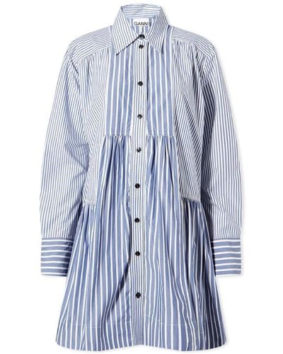 Ganni Stripe Cotton Wide Mini Shirt Dress - Blue