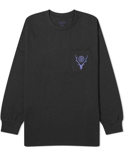 South2 West8 Long Sleeve Circle Horn Pocket T-Shirt - Black