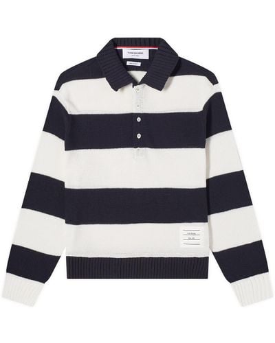 Thom Browne Rugby Stripe Knitted Polo Shirt - Blue
