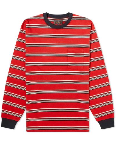 Beams Plus Long Sleeve Multi Stripe Pocket T-Shirt - Red