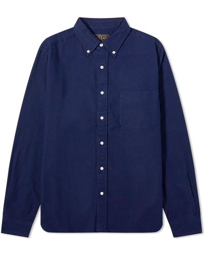 Beams Plus Button Down Solid Flannel Shirt - Blue