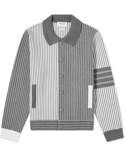 Thom Browne Stripe Seersucker Polo Collar Bomber Jacket - Grey