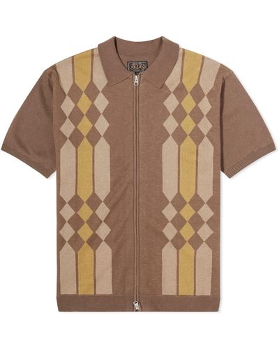 Beams Plus Zip Stripe Knit Polo Shirt - Brown