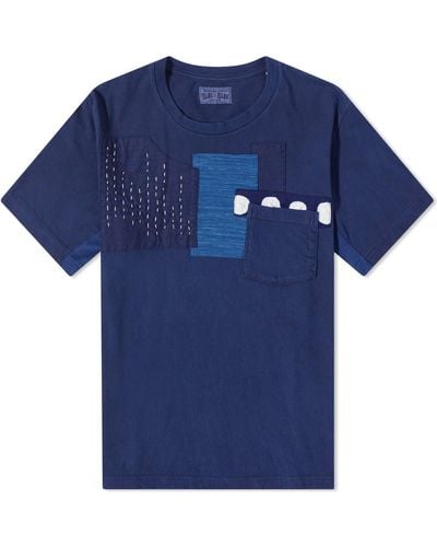 Blue Blue Japan Japan Hand Stitched Patchwork T-Shirt - Blue