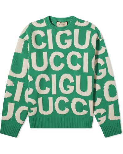 Gucci Jumbo Logo Intarsia Crew Neck Knit Sweater - Green