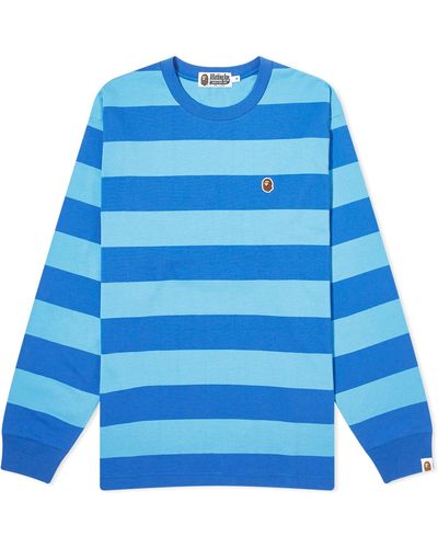 A Bathing Ape Ape Head One Point Stripe Ls T-Shirt - Blue