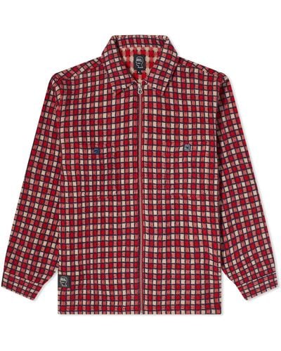 Brain Dead Check Mate Flannel Zip Shirt Jacket - Red