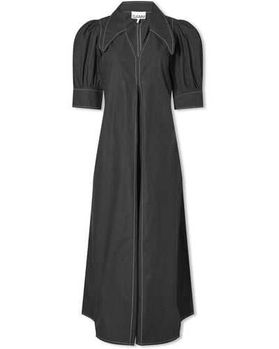 Ganni Cotton Poplin V-Neck Maxi Dress - Black