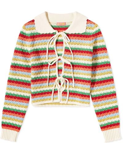 Kitri Evie Multi Striped Crochet Knit Top - Red
