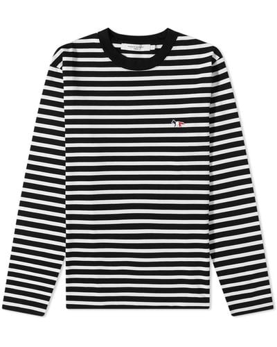 Maison Kitsuné Long Sleeve Tricolour Fox Stripe T-Shirt - Black
